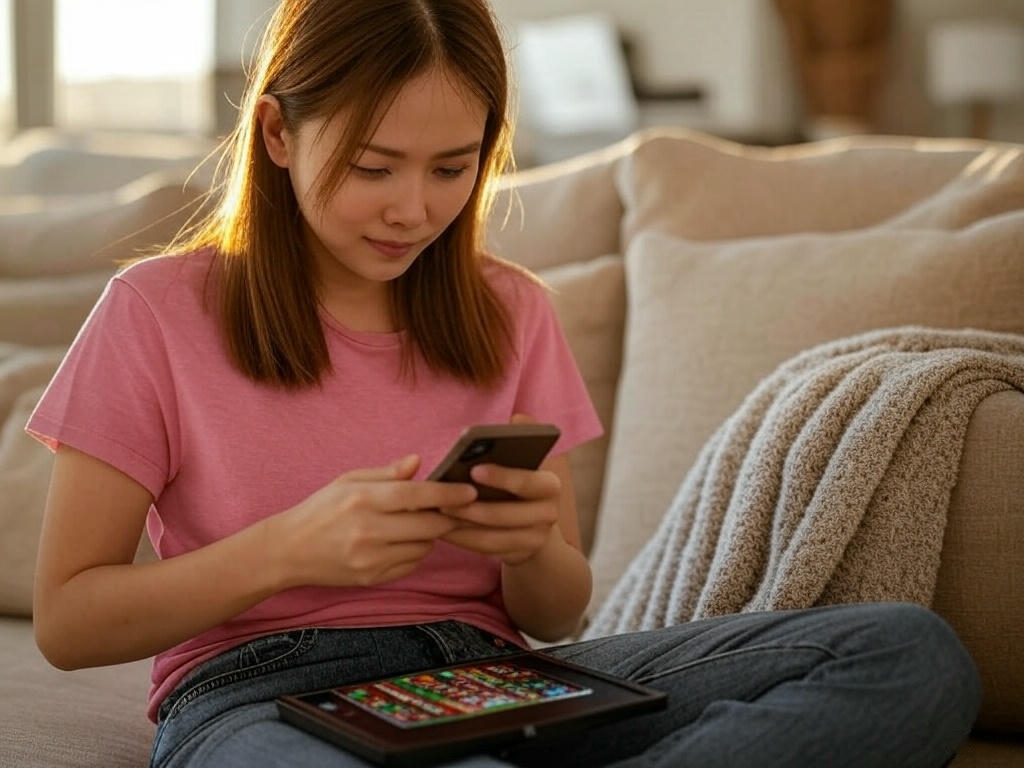 Asian women enjoying slots game on phone and tablet